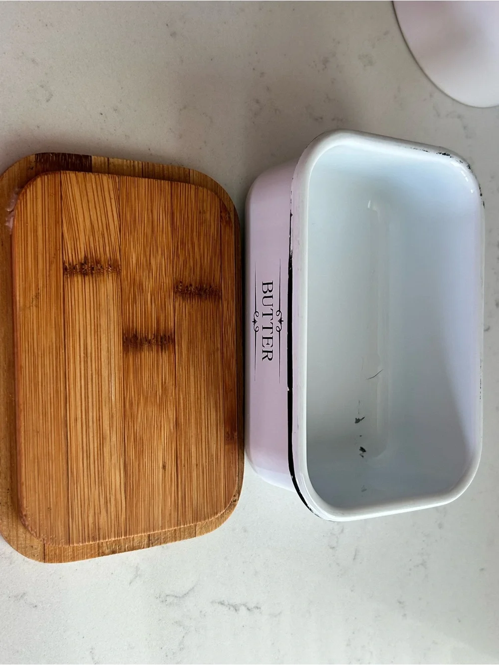 Enamel Butter Dish with Wooden Lid Farmhouse Style